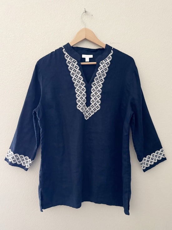 Charter Club Tops - Charter Club 100% Linen Embroidered Tunic Top Large Blue Coastal Vacation Resort
